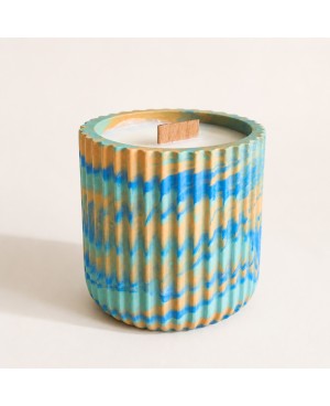 Bougie parfumée, pot en jesmonite vert, bleu & orange